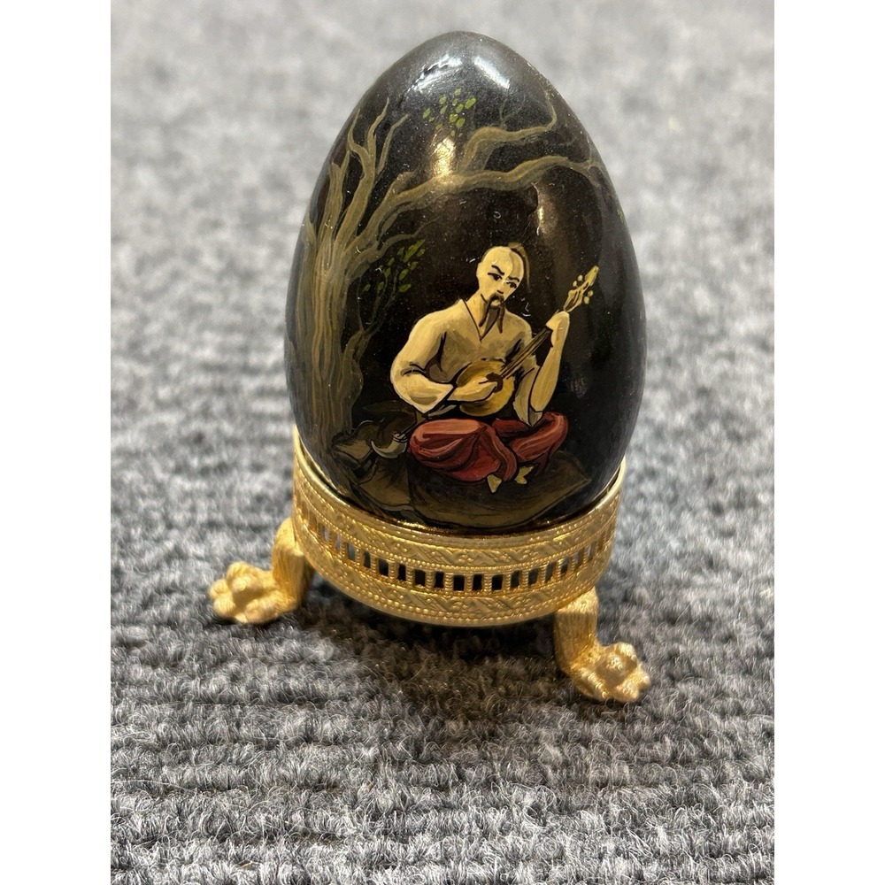 Ukrainian Authentic Pysanka Cossack Bandura Wooden Egg Hand Painted with Stand